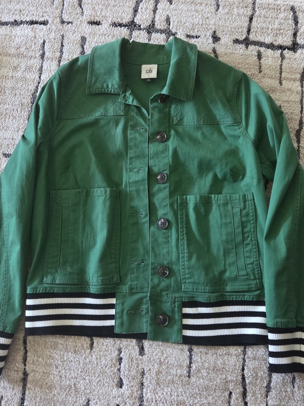 Cabi Mod Bomber Jacket - Green Quilted Twill, Striped Ribbed Trim - Women's Smal